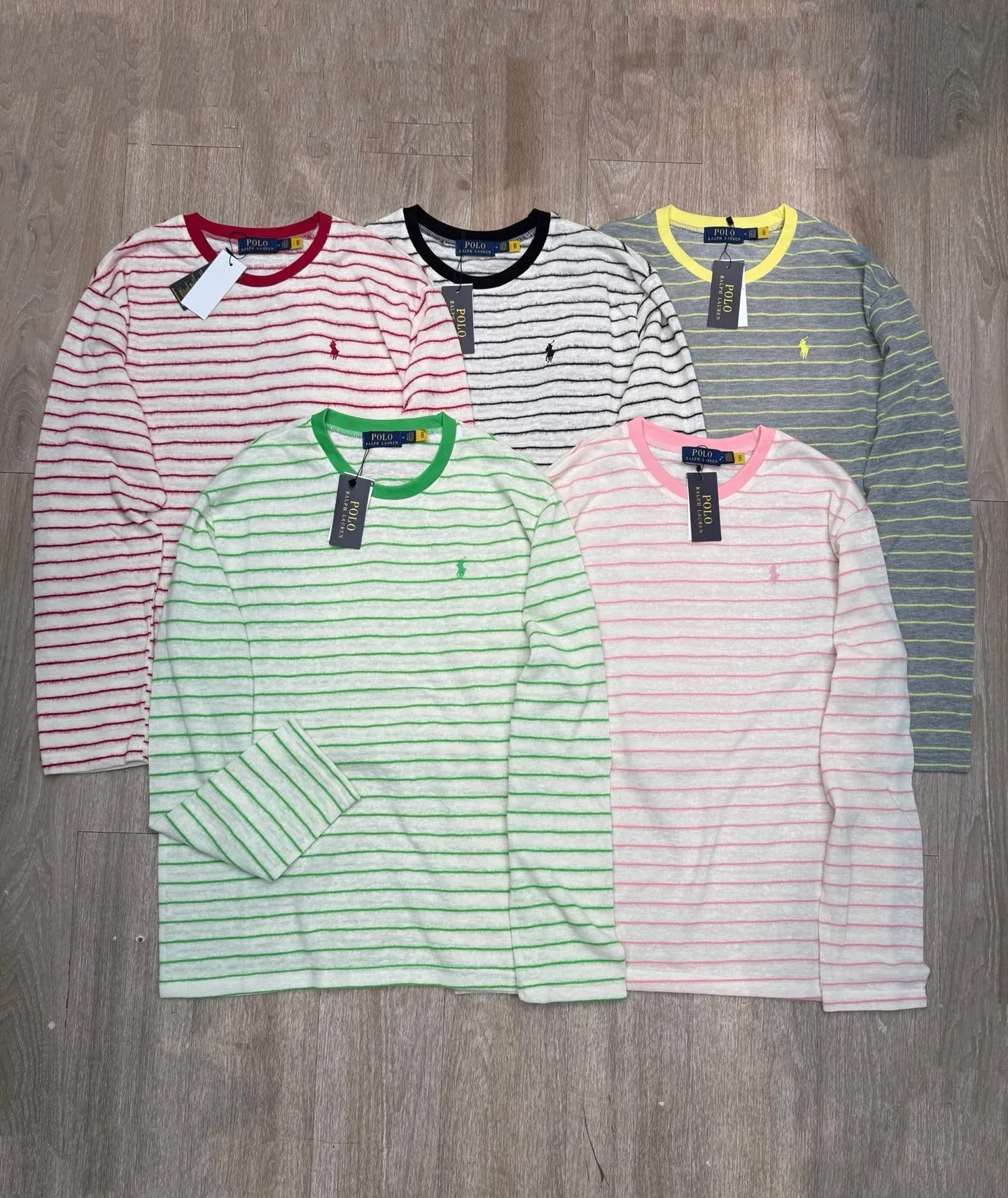 P180 Ralph Lauren·🇺🇸American high-end brand new golden stripe long-sleeved bottoming shirt ✅✅✅Ready in stock Focus on quality and compare at will Size: S M L Color: white and red stripes, black and white stripes, white vermicelli strips, white and green stripes, gray